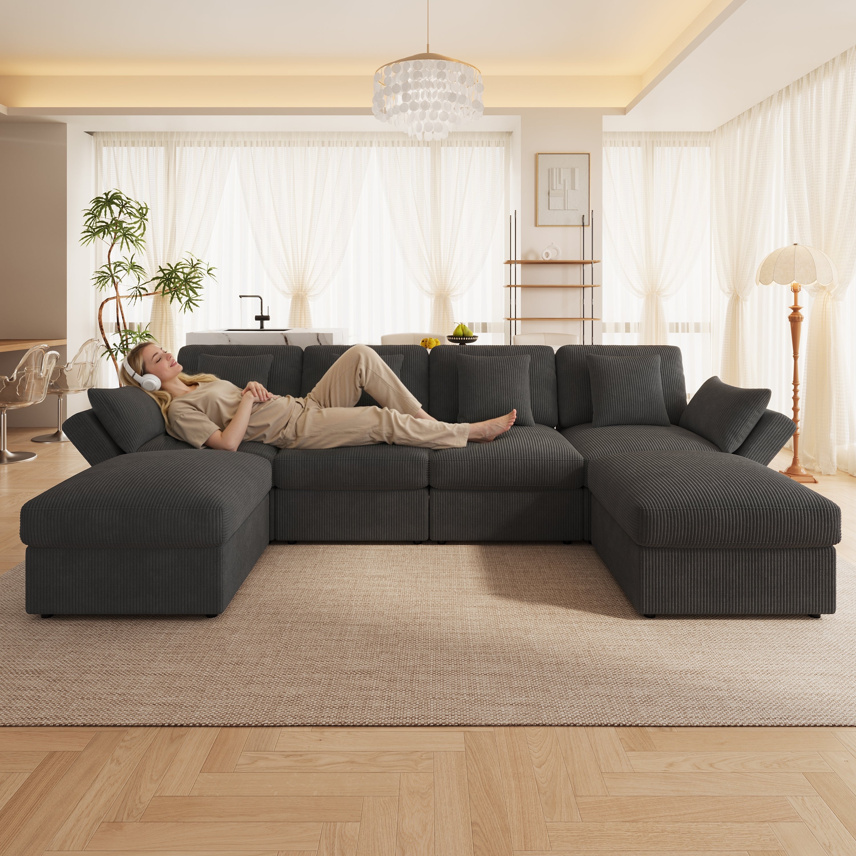 Narożnik 4-osobowy z regulowanymi podłokietnikami i 2 wyjmowanymi pufami - 290 x 159,5 x 89 cm - Tkanina sztruksowa - Szary - 2