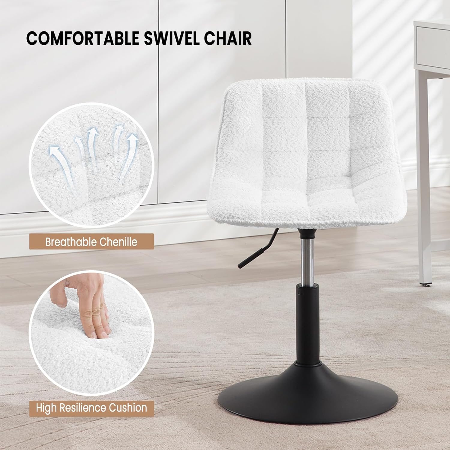 Tabouret de Maquillage WOLTU en Chenille + Métal, Tabouret de Cuisine, Chaise de Coiffeuse, Chaise de Salle à Manger Pivotante, Blanc - 3