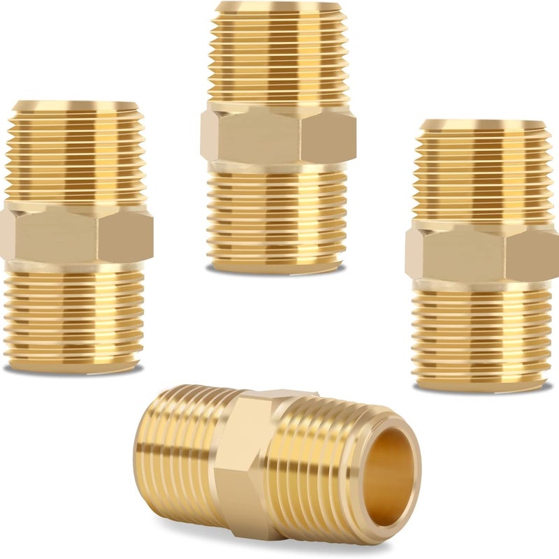 Złącze sześciokątne 3/8 NPT x 3/8 NPT, z litego mosiądzu, złączka rurowa o jednakowych końcach, 4 sztuki