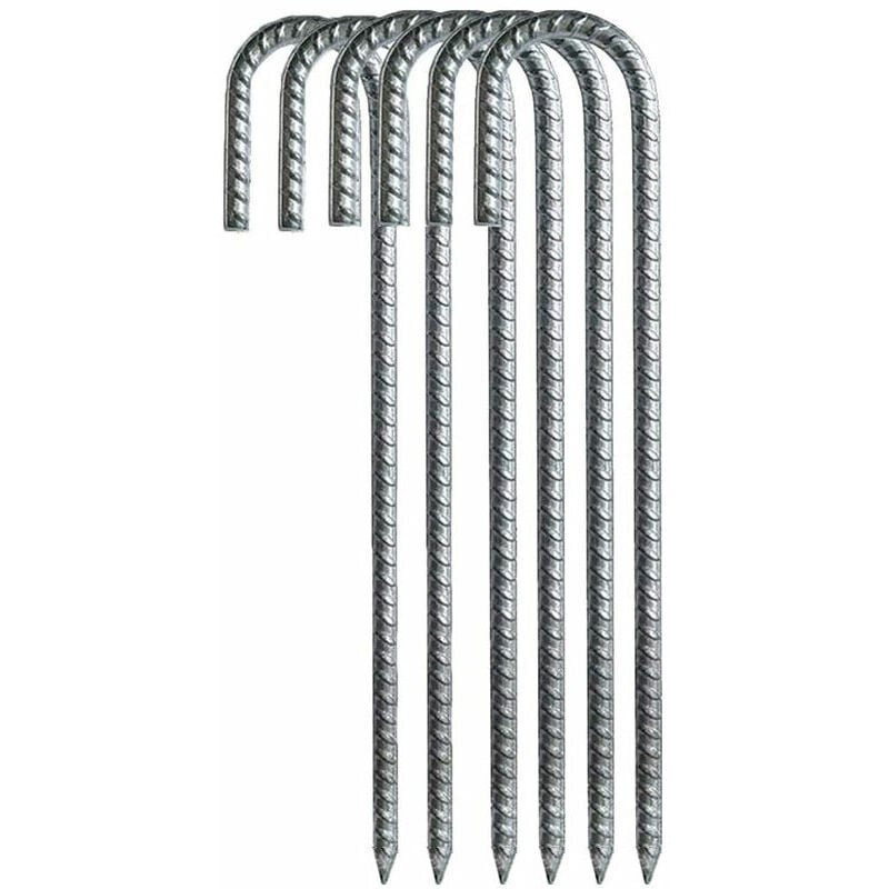 KAHEIGN 8 Piquets D'Armature 40cm Galvanisés - Ancrages Sol En Acier Crochet J Pour Tentes Camping Trampoline