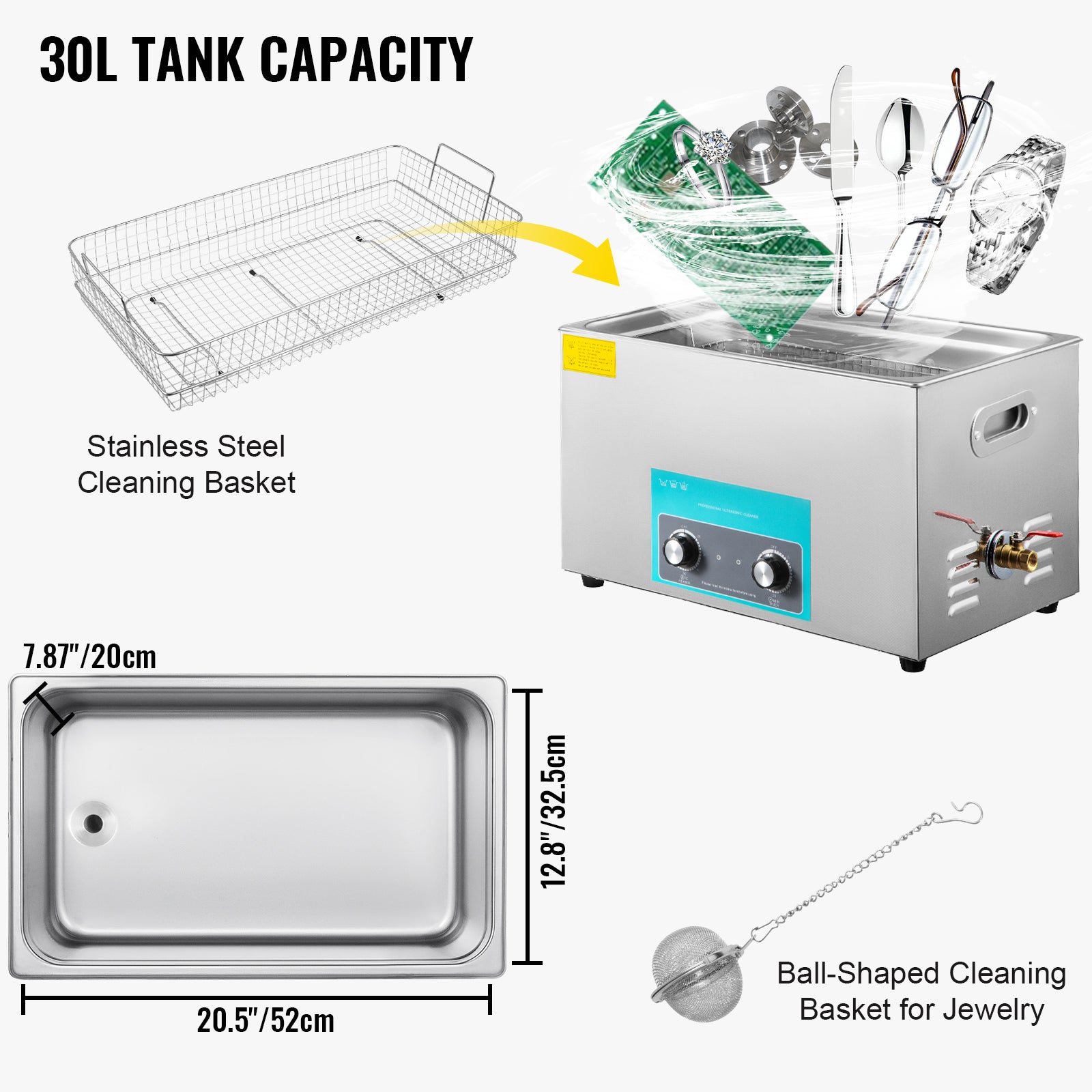 Nettoyeur à ultrasons SucceBuy 30 L avec minuterie et chauffage, commande par boutons, idéal pour bijoux, lunettes et instruments de musique - 8