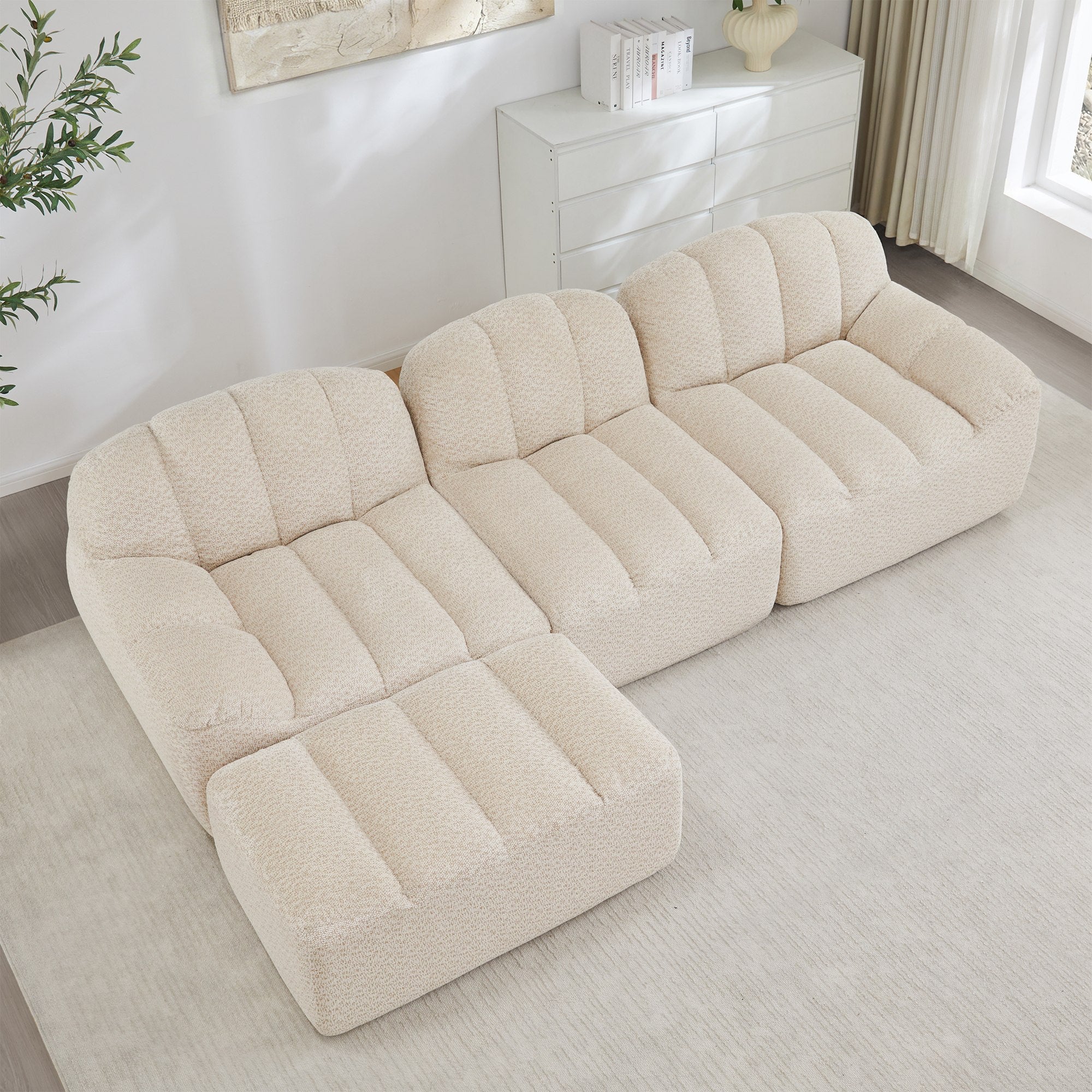 Canapé Modulable 3 Places en L avec Pouf, Canapé Sans Cadre en Mousse 32D, Assise Profonde, Salon, Tissu Velours Côtelé, Beige Blanc - 4