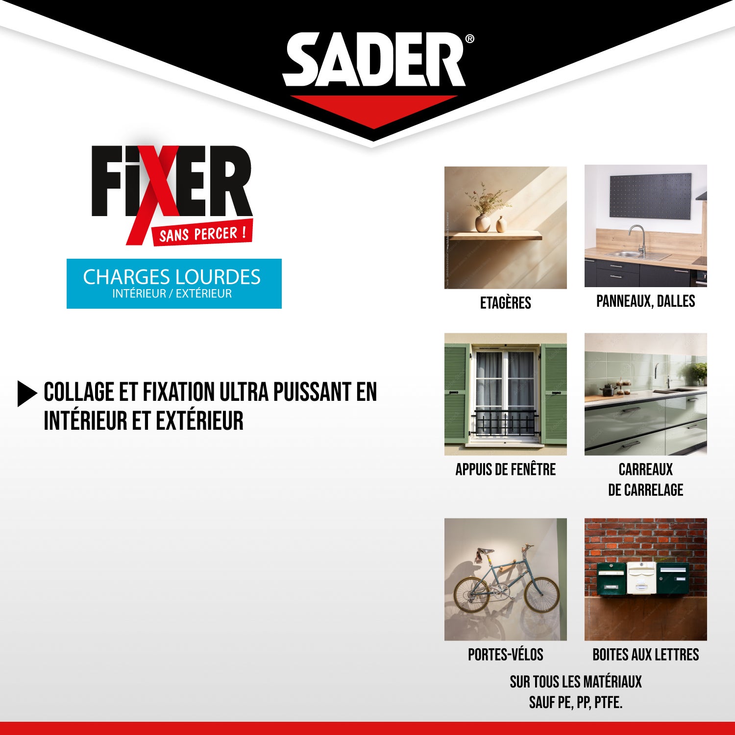 Sader Fixer Sans Percer Charges Lourdes - Mastic Colle pour Tous Matériaux - Maintien Immédiat Ultra Puissant- Intérieur / Extérieur- Cartouche 460g - 3