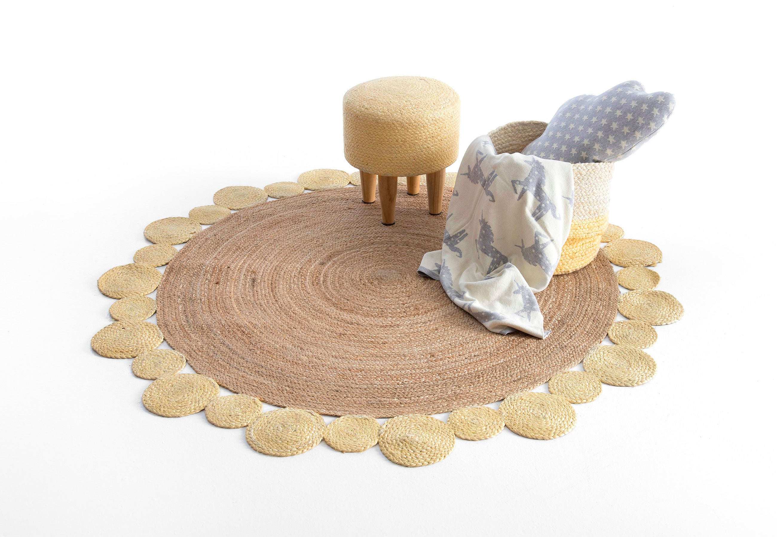 Taburete infantil yute amarillo 30x30 cm | Asiento artesanal madera natural - 2