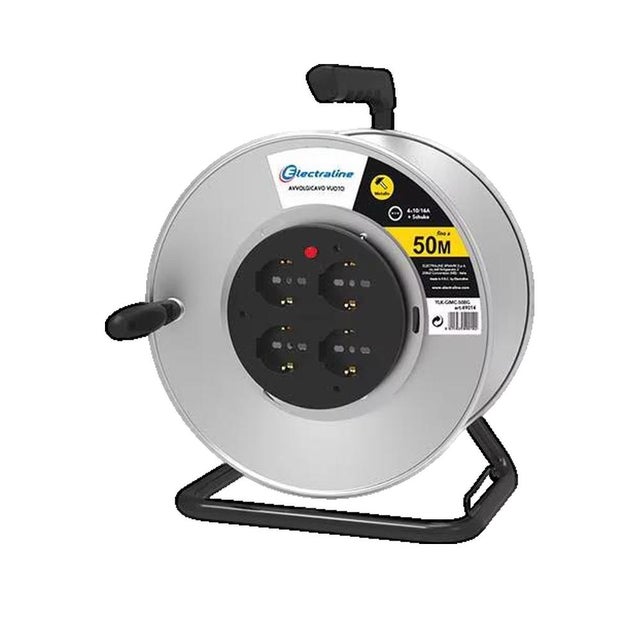 Avvolgicavo, Avvolgi-Prolunghe senza Cavo in Metallo Antiruggine con 4 Prese 10/16A Italiane + Schuko, Diametro 290Mm per Uso Professionale Metallo