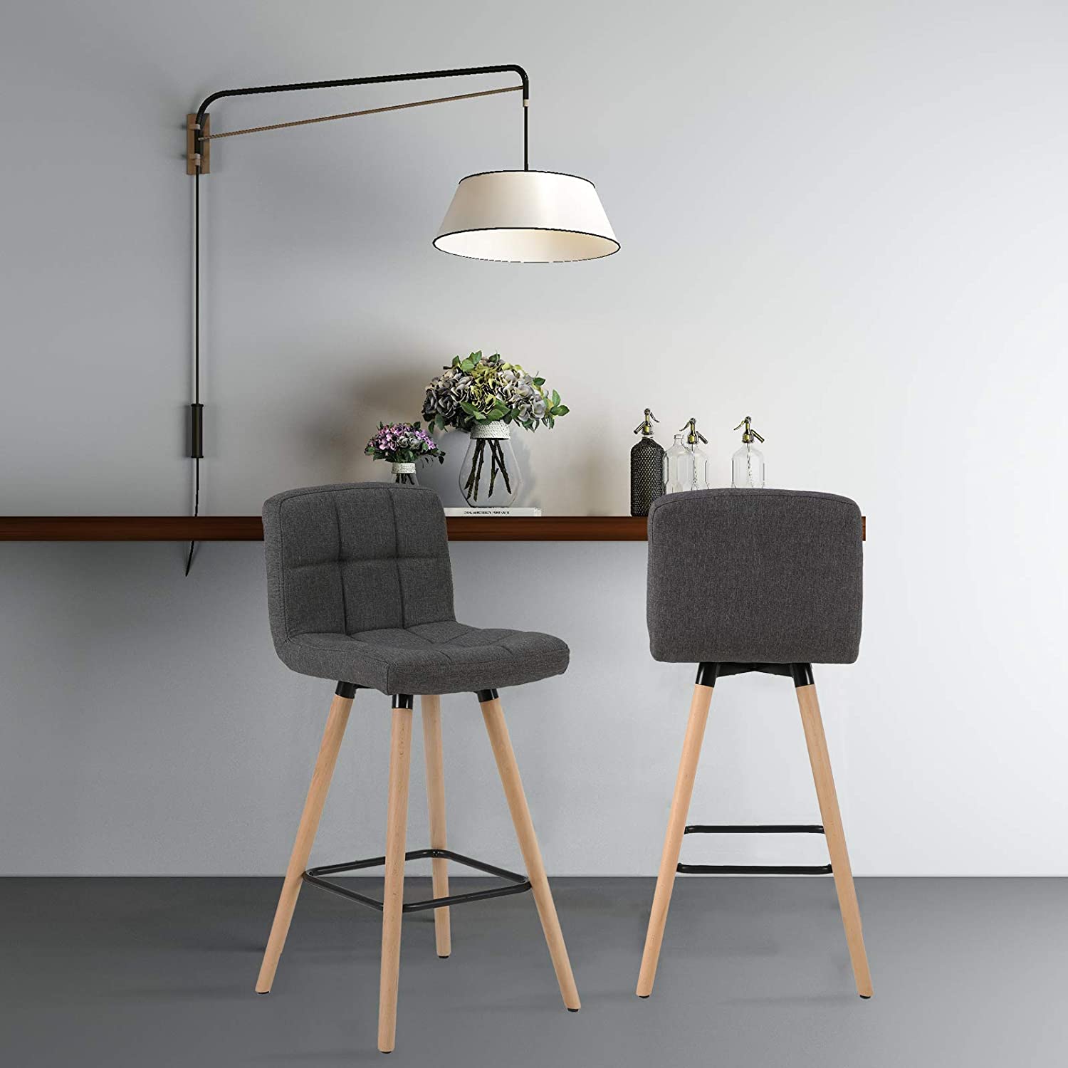 Lot de 2 Tabourets de Bar WOLTU - avec Repose-Pieds - Chaise de bar Design en Bois Massif et Lin - Gris Foncé - 2