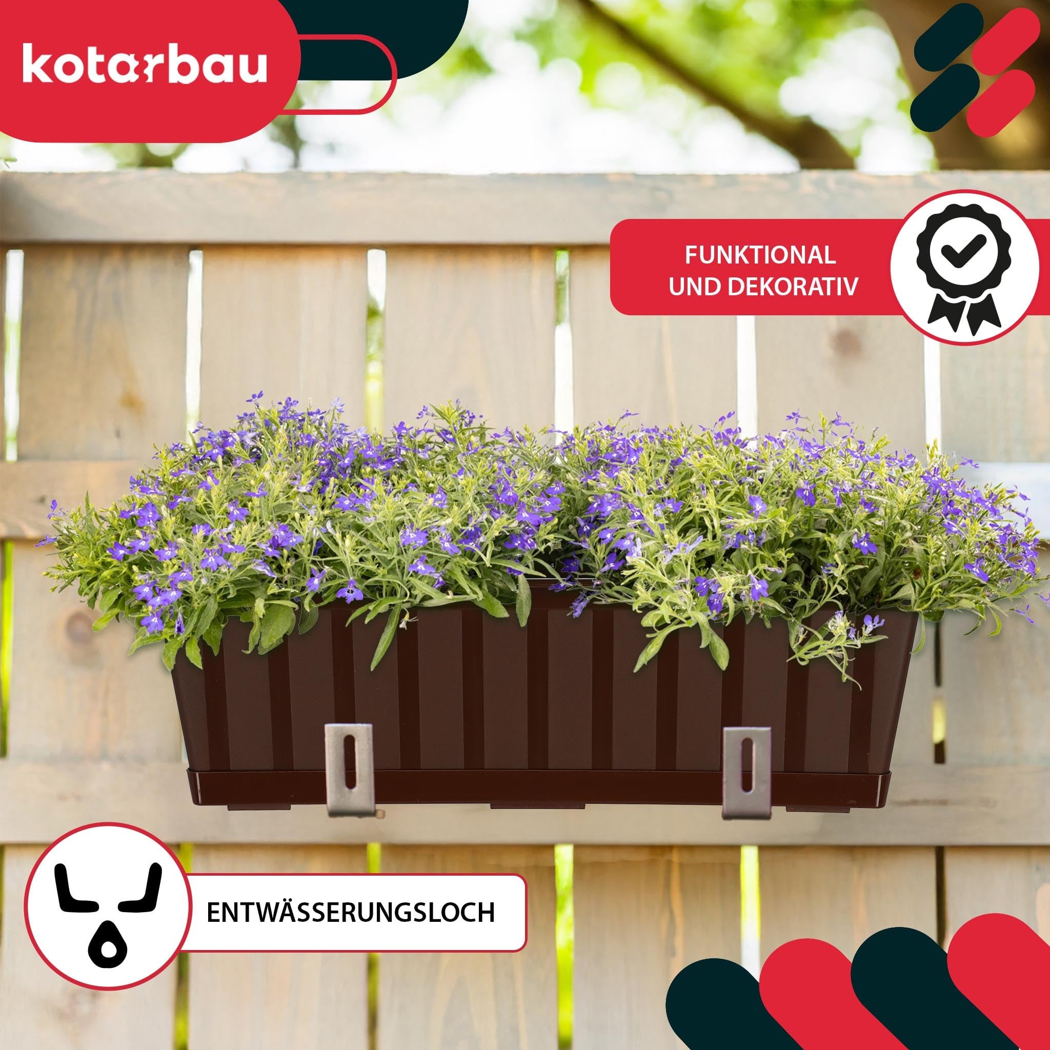 Doniczka - Skrzynka Balkonowa - 50 x 18 x 14 cm - Skrzynia na Balustradę Balkon - Donica z Podstawką - Brąz KOTARBAU - 2
