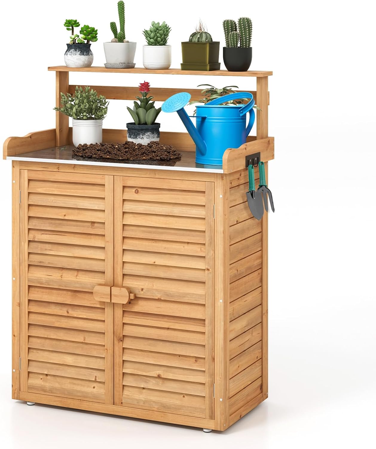 Stół do Przesadzania Roślin z Drewna Świerkowego, Szafka Ogrodowa z Metalowymi Regałami, do Ogrodu, Tarasu, 87 x 45 x 120 cm, Naturalny.