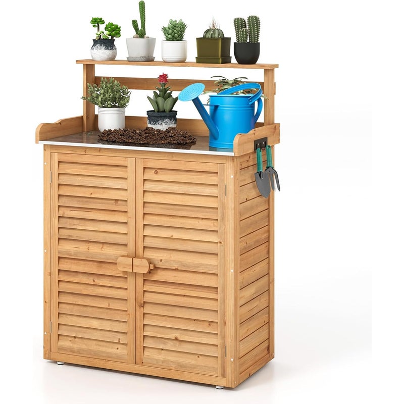 Stół do Przesadzania Roślin z Drewna Świerkowego, Szafka Ogrodowa z Metalowymi Regałami, do Ogrodu, Tarasu, 87 x 45 x 120 cm, Naturalny.