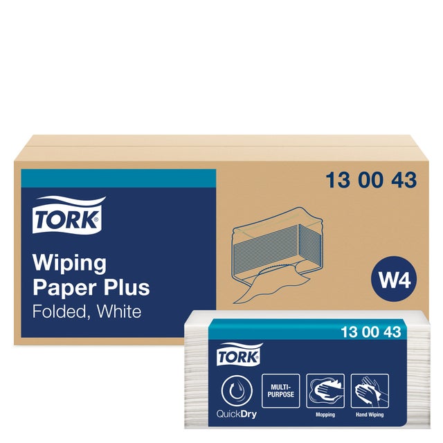 Tork 130043 Carta Plus per asciugatura QuickDry Premium, compatibile con il sistema W4 (per panni piegati), 2 veli, 1 conf. x 200 panni , colore bianc