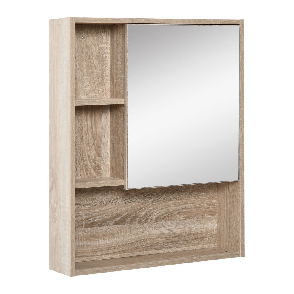 Armario de pared para baño con espejo, mueble de baño 5 compartimentos y estantería regulable 60x15x76cm roble