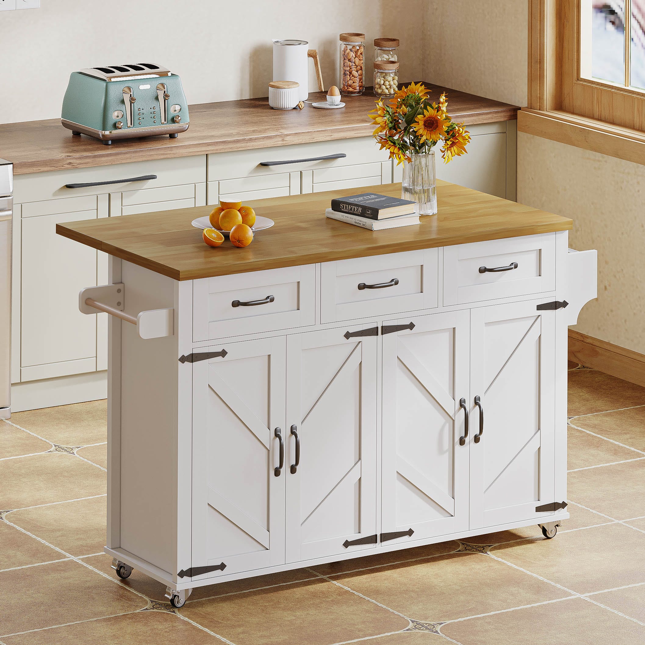 Îlot Central Cuisine Avec Plateau Rabattable & Roulettes | 132x60x40 Cm, 2 Tiroirs, 3 Portes - Noir
