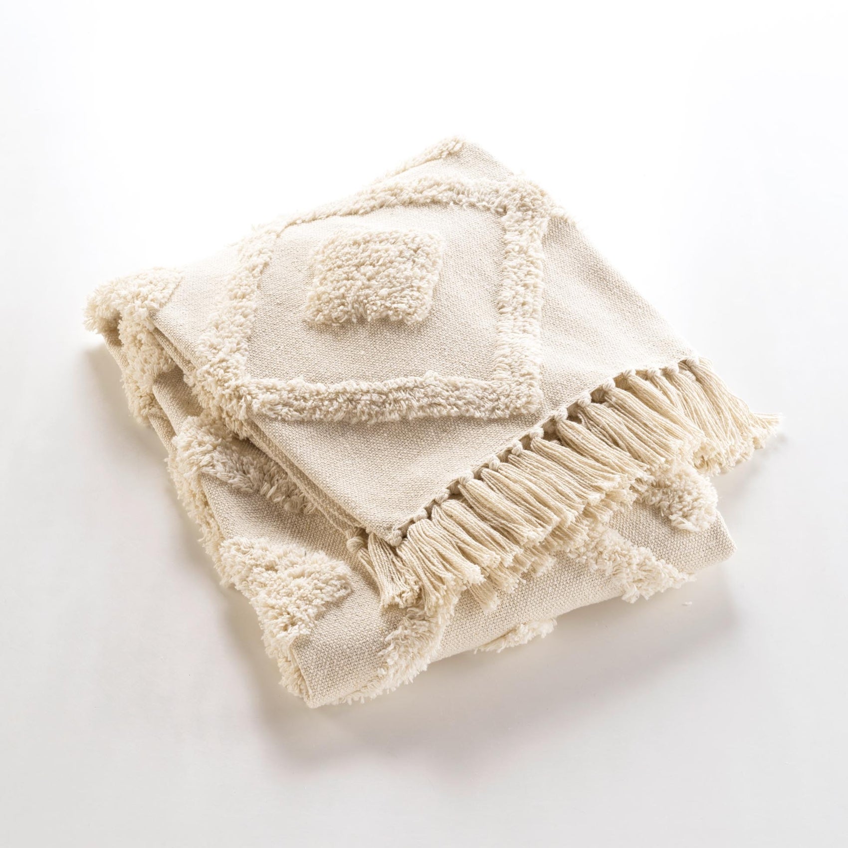 Plaid bohème tufté avec franges - Blanc cassé - 125x150 cm - Coton/Polyester - 4