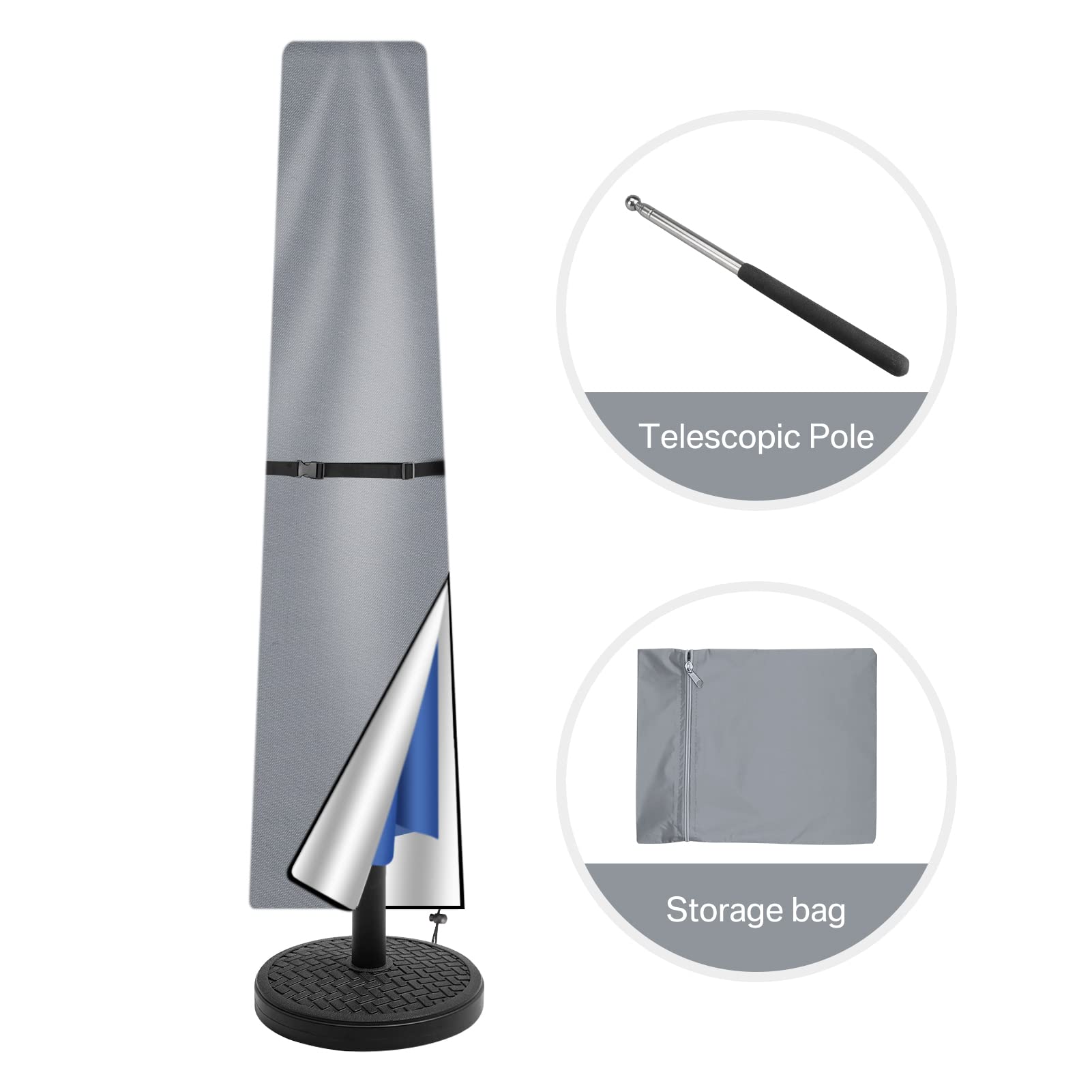 Housse de protection pour parasol de jardin de 2 à 3 m avec fermeture éclair et mât, imperméable et résistante, grise - 5