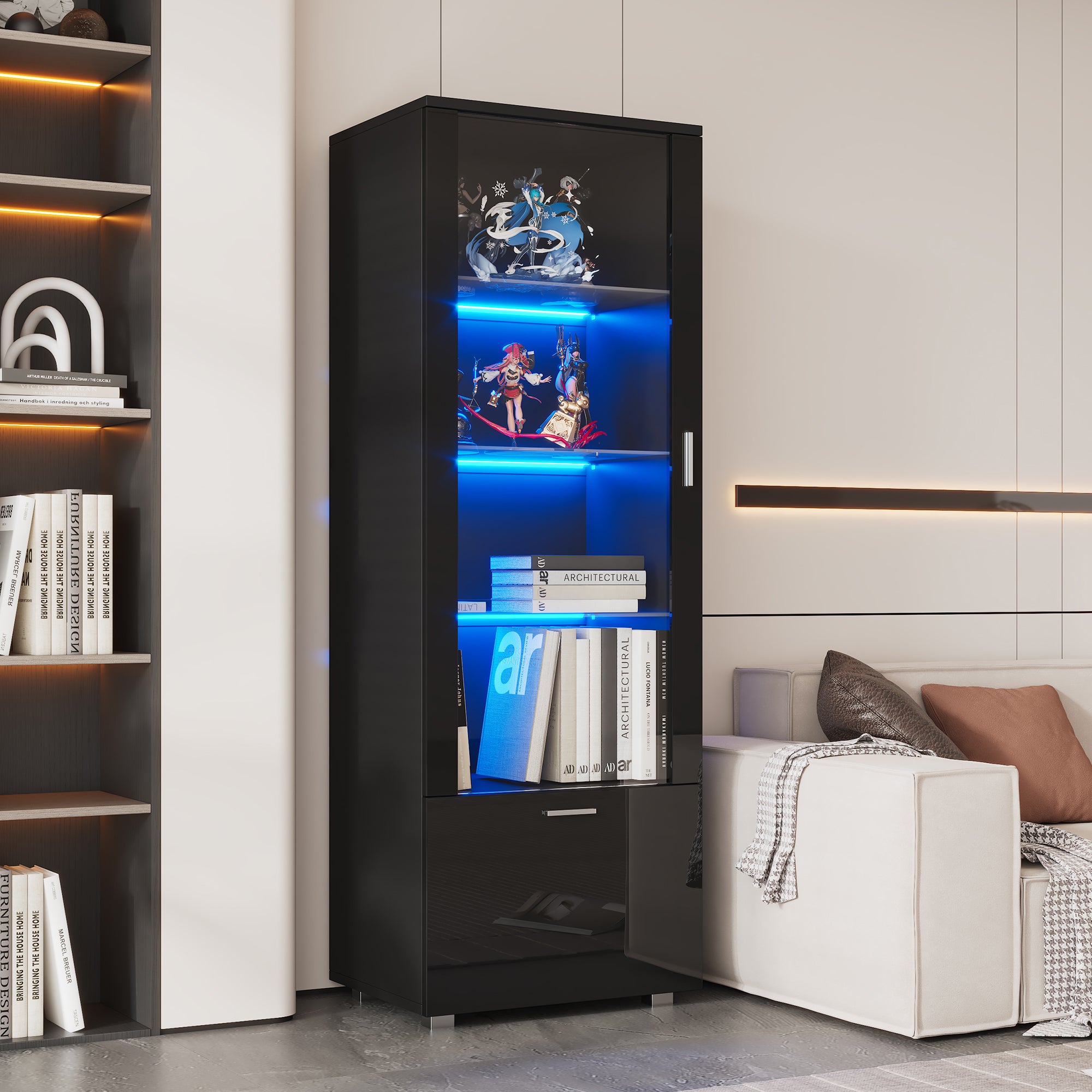 Vetrina con 1 anta e 1 cassetto - 45 x 35 x 160 cm - LED - Ripiano in vetro - Pannello truciolare - Nero lucido - 4