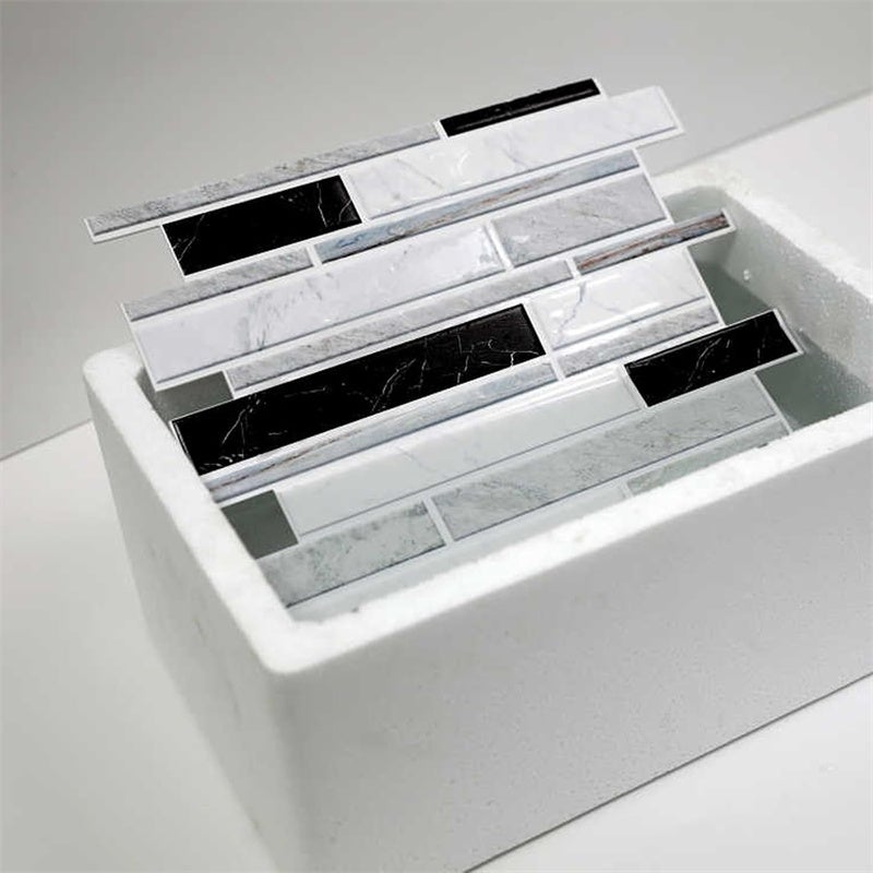 Lot de 10 panneaux muraux 3D, carreaux autocollants modernes pour cuisine, salle de bain et chambre (noir, blanc, gris) - 4