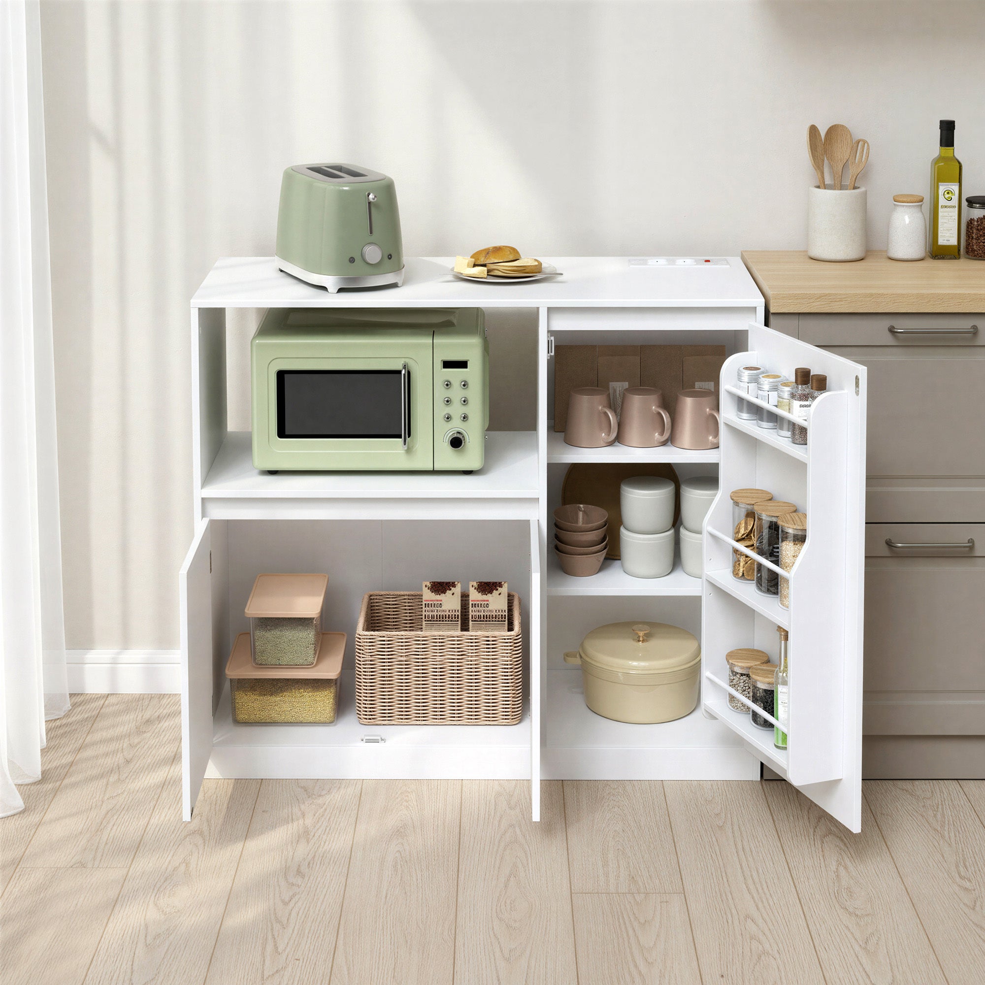 Armoire de Cuisine, Buffet avec Étagère Micro-ondes, 3 Portes, Plan de Travail, Compartiment Ouvert, Blanc - 3