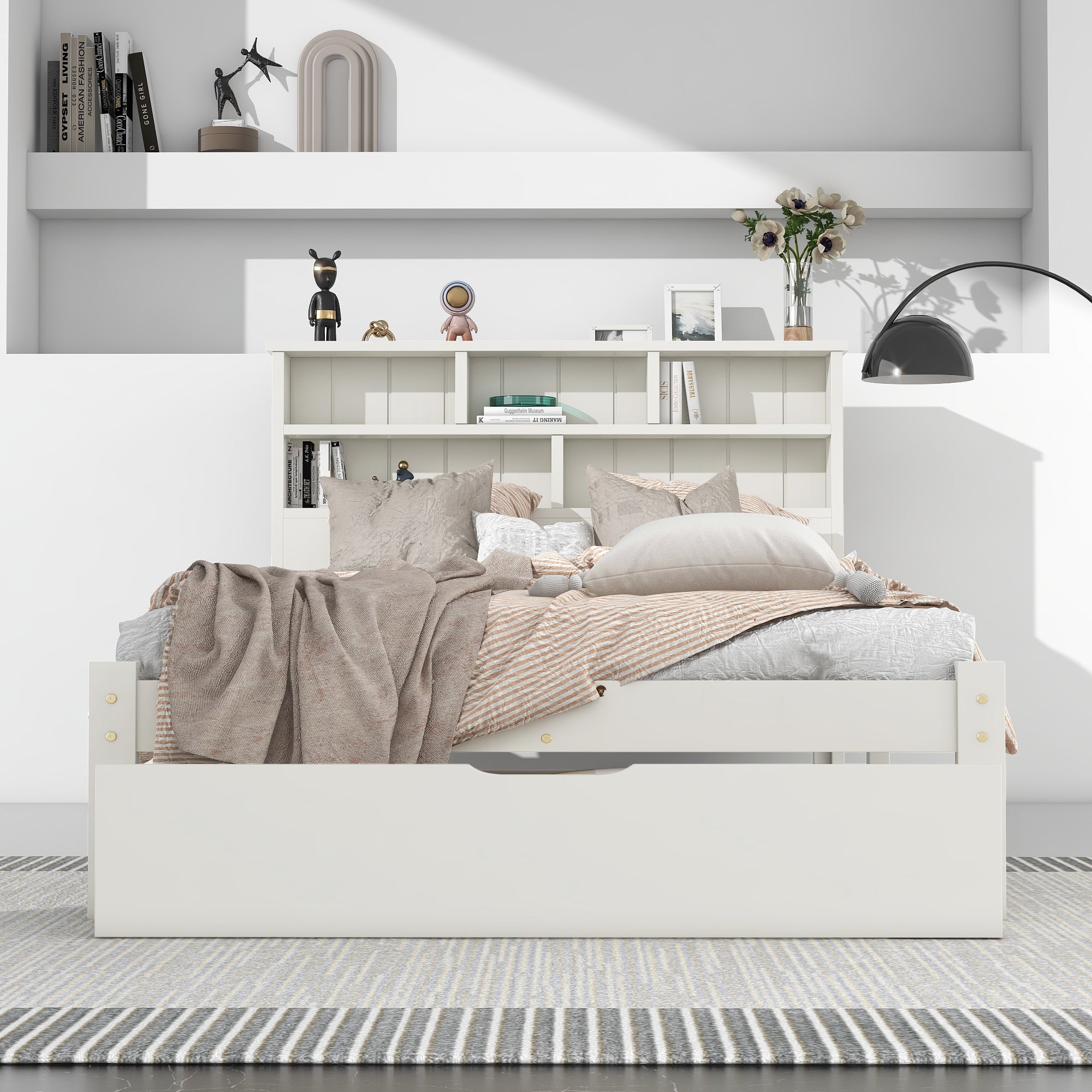 Łóżko dla dorosłych z zagłówkiem ze schowkiem + szufladą + stelażem - 90x200cm - lite drewno - białe - 9