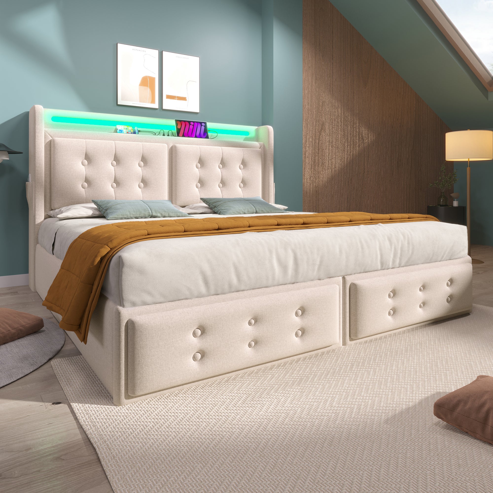 Cama contenedor 140 x 200 cm con cabecero LED, toma USB tipo C - Tejido de algodón - Beige (sin colchón) - 9
