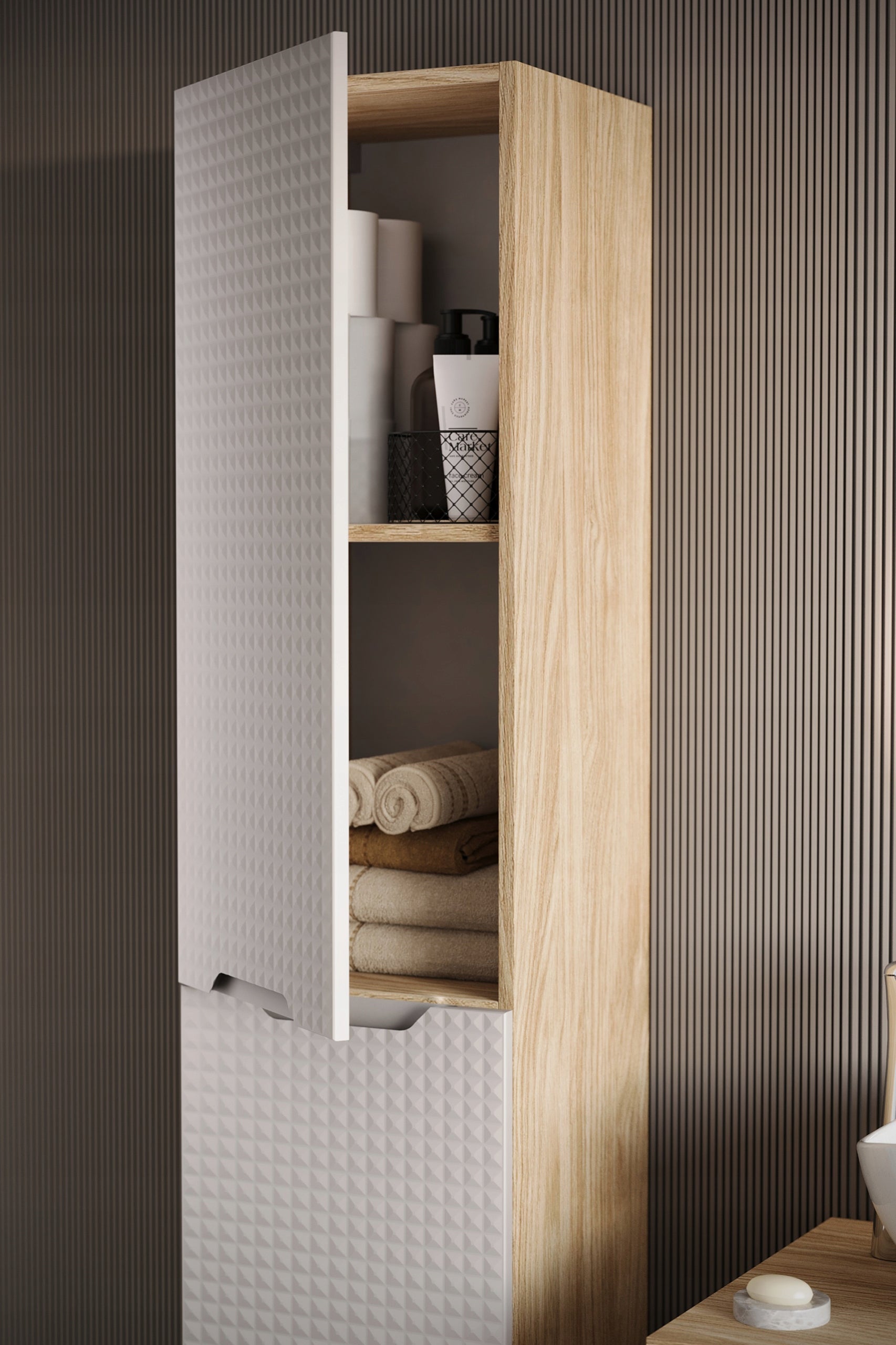 Szafka łazienkowa LUXOR 30 cm beżowa dąb olejowany front 3D MDF pod blat - 7