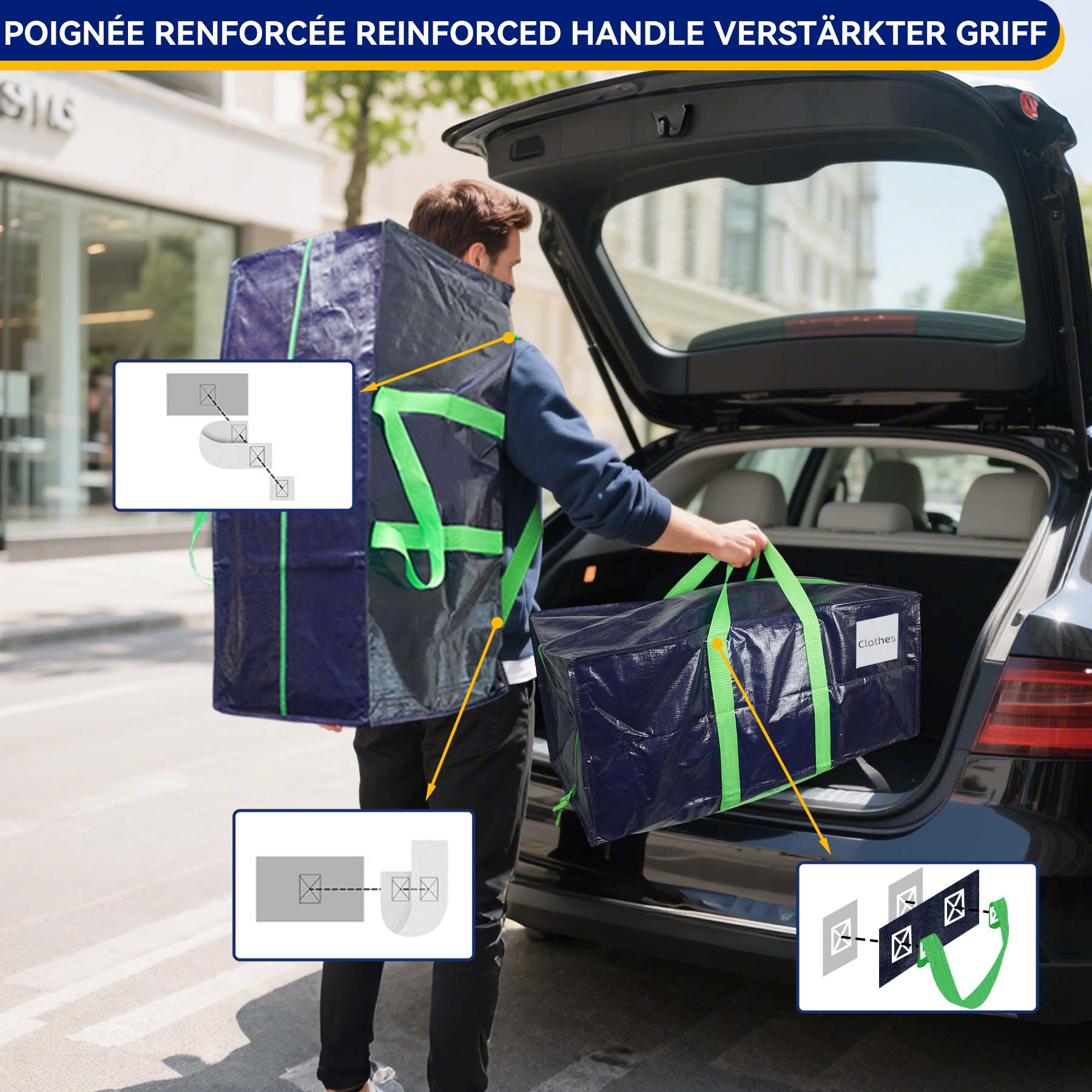 Lot de 5 sacs de déménagement grand format - sacs de rangement avec sangles de sac à dos et poignée - bleu - VOUNOT® - 4