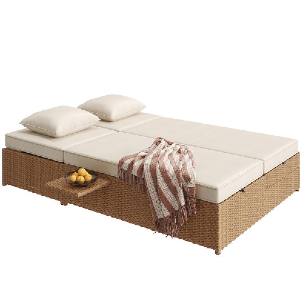 Espreguiçadeira dupla para exterior em rattan, sofá de rattan, móveis de jardim dobráveis, com almofadas, resistente ao clima, branco - 8