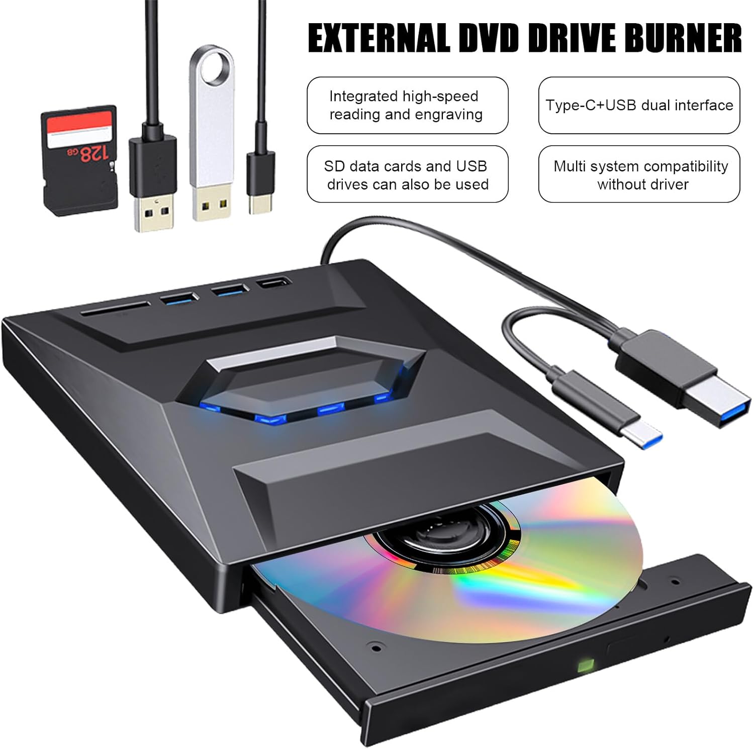 Graveur CD/DVD Multifonction USB 3.0 & Type-C, Lecteur DVD Externe 5 en 1, Transfert Haut Débit, Compatibilité Windows 11/10 Mac MacBook Linux, Noir - 3