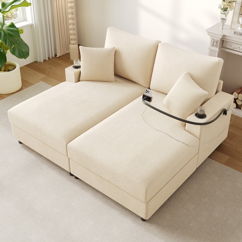 Stylowa sofa - tapicerowana - z uchwytem na telefon + port USB - z uchwytem na kubek - beżowa