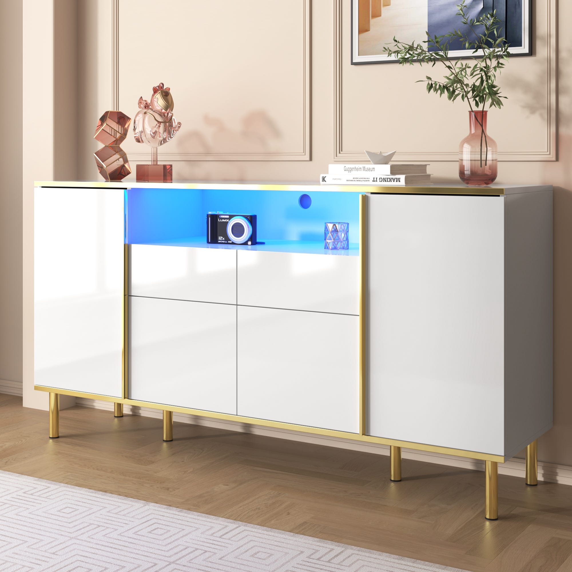 Buffet blanc brillance, buffet salon, buffet led avec 2 tiroirs ...
