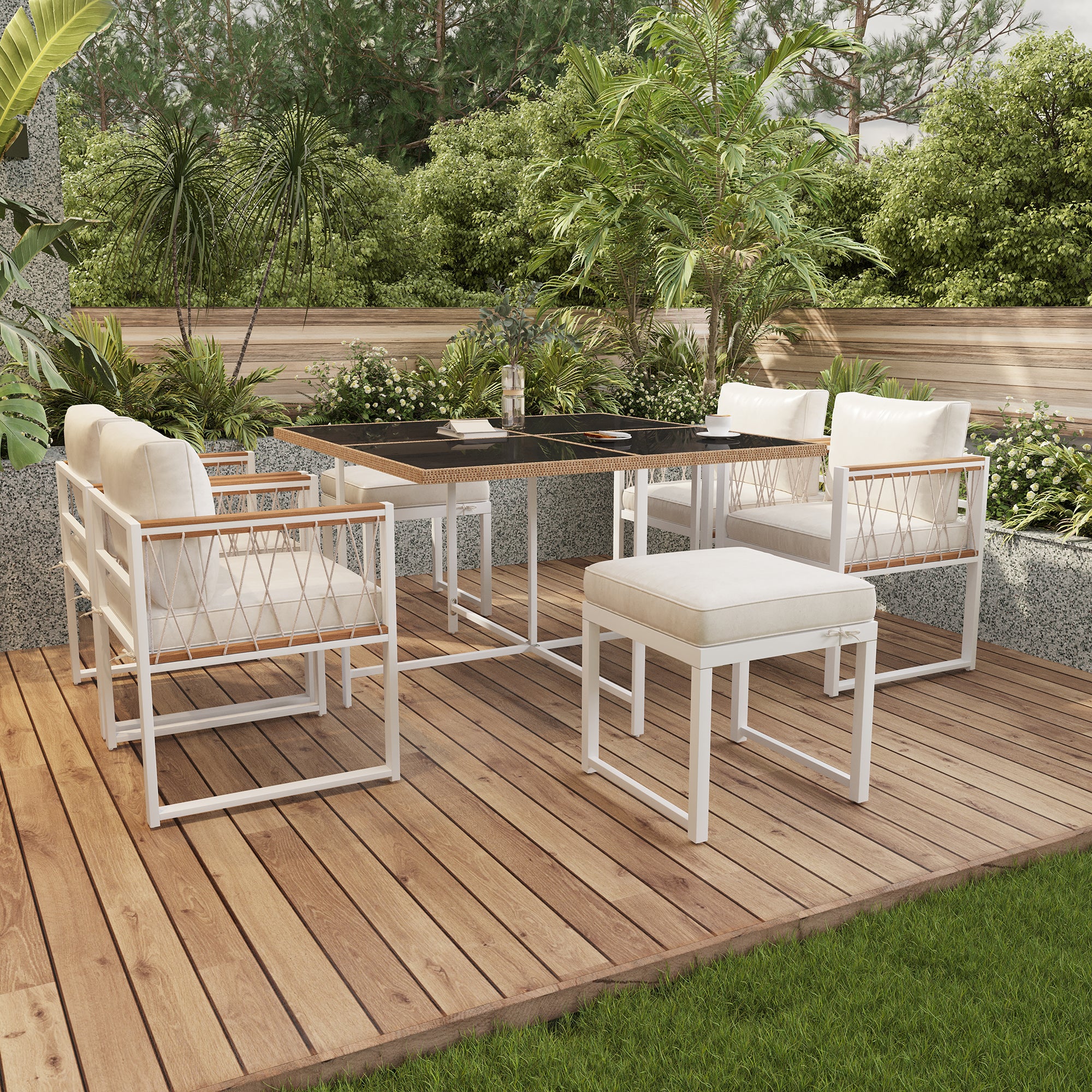 Zestaw mebli ogrodowych z drewna akacjowego 6-osobowy: stół jadalny + 4 fotele + 2 hokery - na taras, do ogrodu - Biały + naturalny - 9