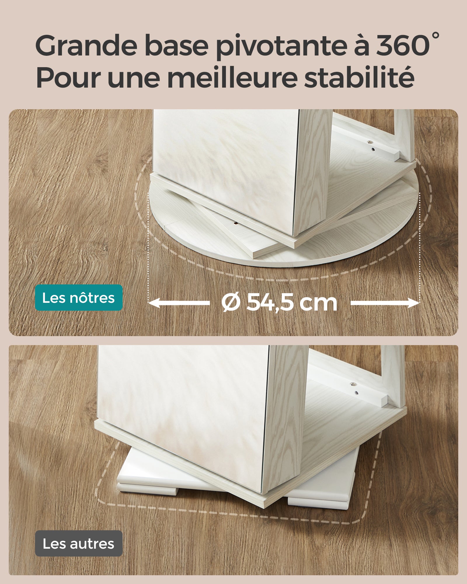 Armoire à Bijoux avec Miroir sur Pieds, avec 6 LED, Rangement Bijoux Pivotant à 360°, Miroir Psyché sans Cadre,Blanc Boisé - 8