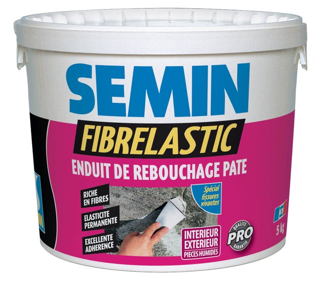 Enduit de Rebouchage Élastique Fibrelastic à Base de Fibre de Verre pour Fissures Vivantes, Intérieur/Extérieur, seau de 5 kg