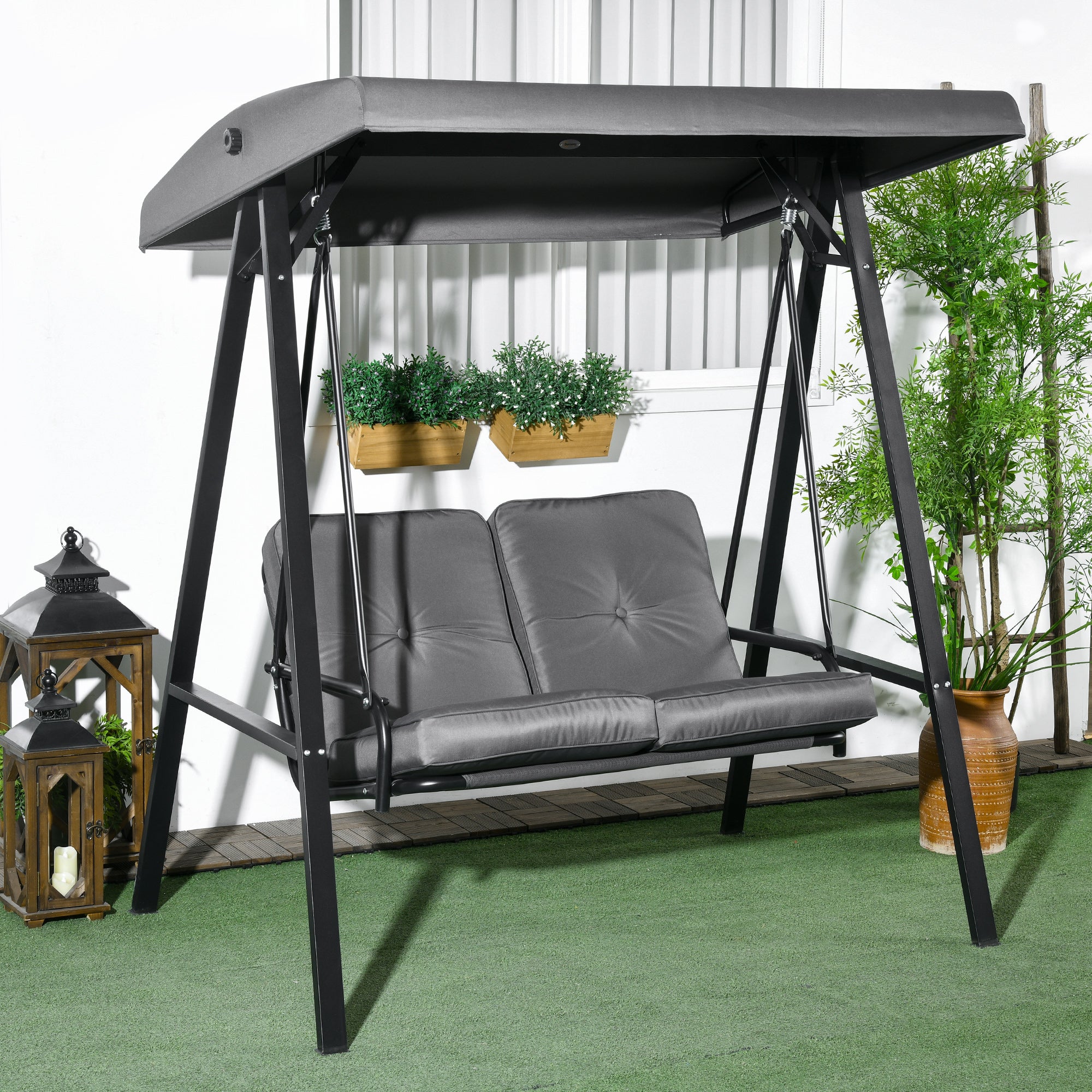 Balançoire Hollywood, balancelle de jardin 2 places avec auvent réglable, charge maximale 220 kg, 145 x 116 x 172 cm, gris foncé - 3
