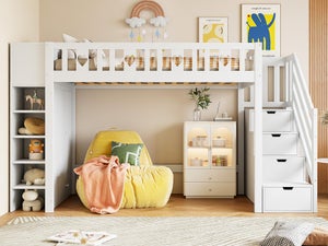 Lit Mezzanine Métal 90x200 Cm Avec Barrière Sécurité - Échelle Intégrée Et Espace Rangement Dessous