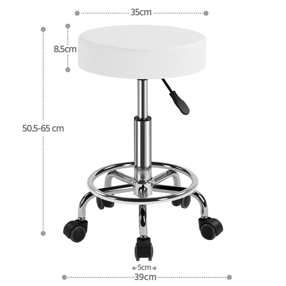 Tabouret Rond à Roulettes avec Assise Réglable en Hauteur et Revêtement en Similicuir Blanc Yaheetech - 4