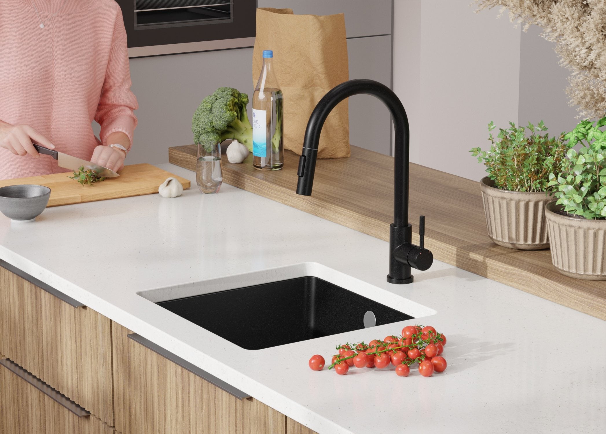 Lavandino sottotop Tutto Nero 46x44cm, Lavello in Granito a 1 vasca + Sifone Classico + Accessori, Lavabo da Cucina al mobile 50cm PRIMAGRAN - 9