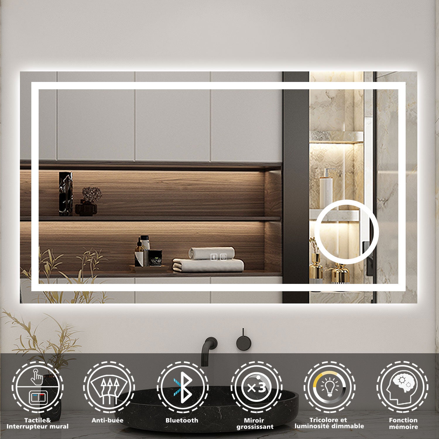 Miroir De Salle De Bain LED 70x50 Cm - Avec Antibuée Et Lumière Dimmable - Design Moderne Et Fonctionnel