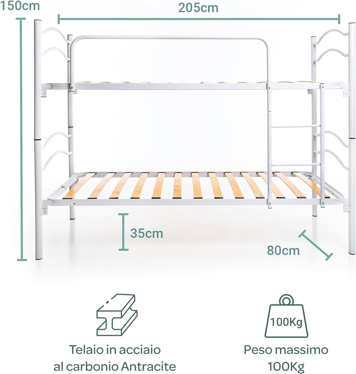 Letto A Castello Kimi In Metallo - Scomponibile In 2 Letti Singoli, 97.5x165x210 Cm, Grigio, Con Rete A Doghe - Foto 8