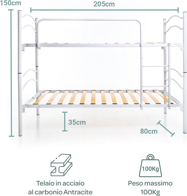 Letto A Castello Kimi In Metallo - Scomponibile In 2 Letti Singoli, 97.5x165x210 Cm, Grigio, Con Rete A Doghe - Foto 8
