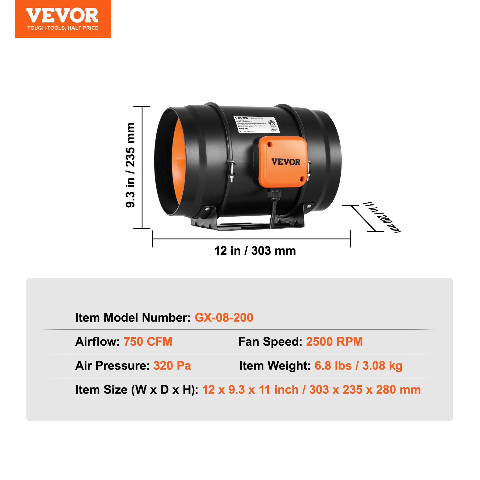 Ventilateur de conduit VEVOR en ligne, 203,2 mm, extracteur d'air silencieux 860 m³/h contrôleur vitesse variable moteur CA, booster refroidissement - 7