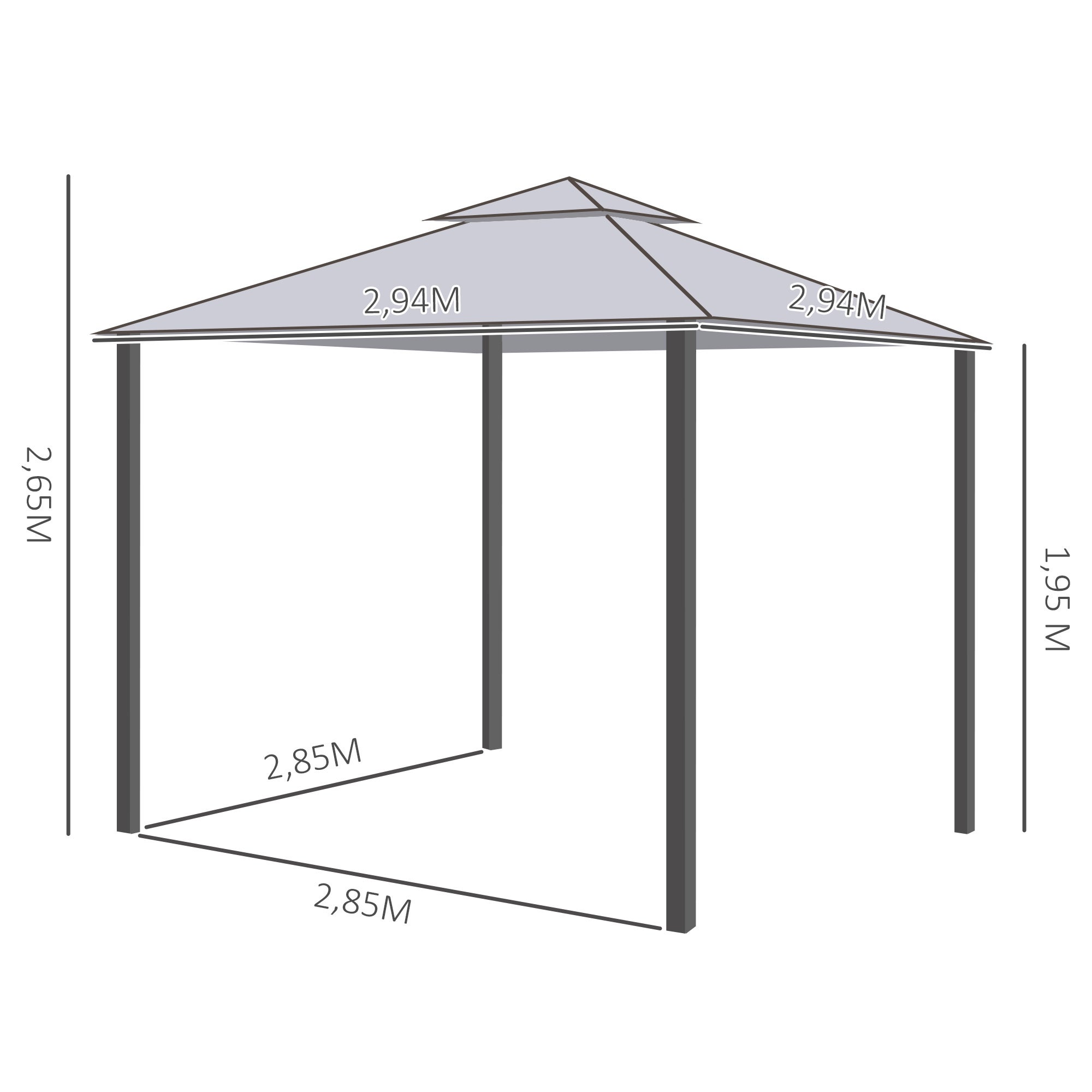 Pérgola de aluminio con 4 paredes laterales 300x300cm resistente al clima metal y poliéster gris claro para jardín y eventos - 3
