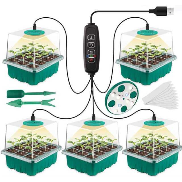 Paquet de 5 plateaux de démarrage de graines avec lumière de croissance, kit de germination en serre pour la culture de graines (12x5, 60 cellules)