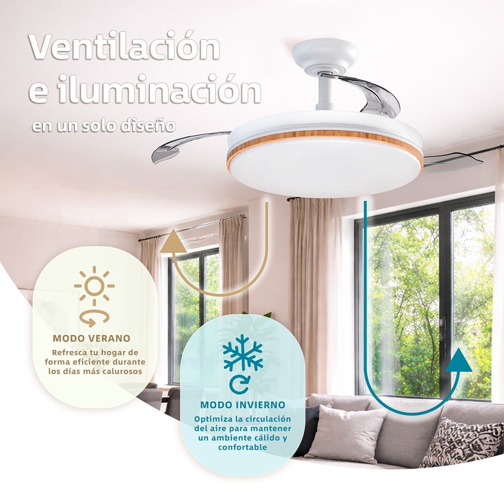 Ventilateur de plafond avec lumière LED rétractable 106 cm, 3 pales, puissance totale 72W, sans application, avec télécommande, programmateur - 5