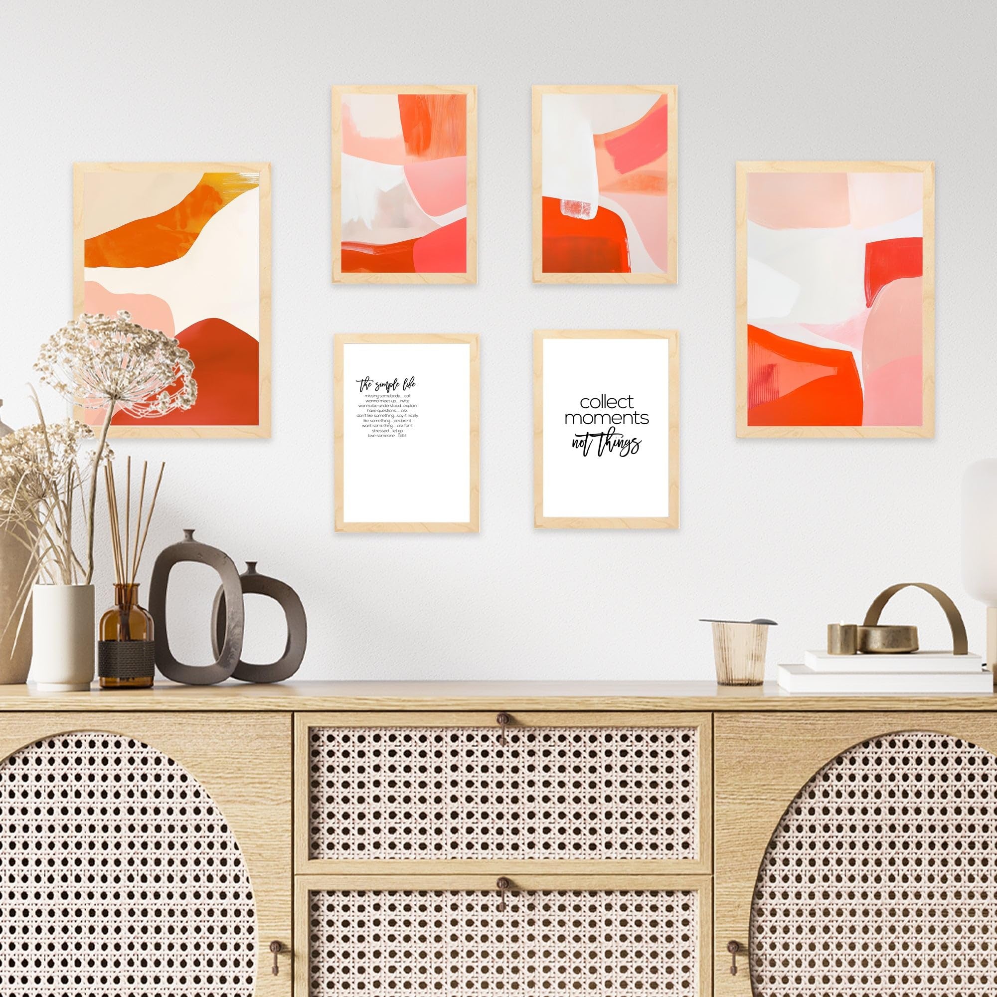 Set de 6 abstract colors orange red white shapes cuadros con ilustración de diseño para decorar habitación a3 a4 marco madera clara