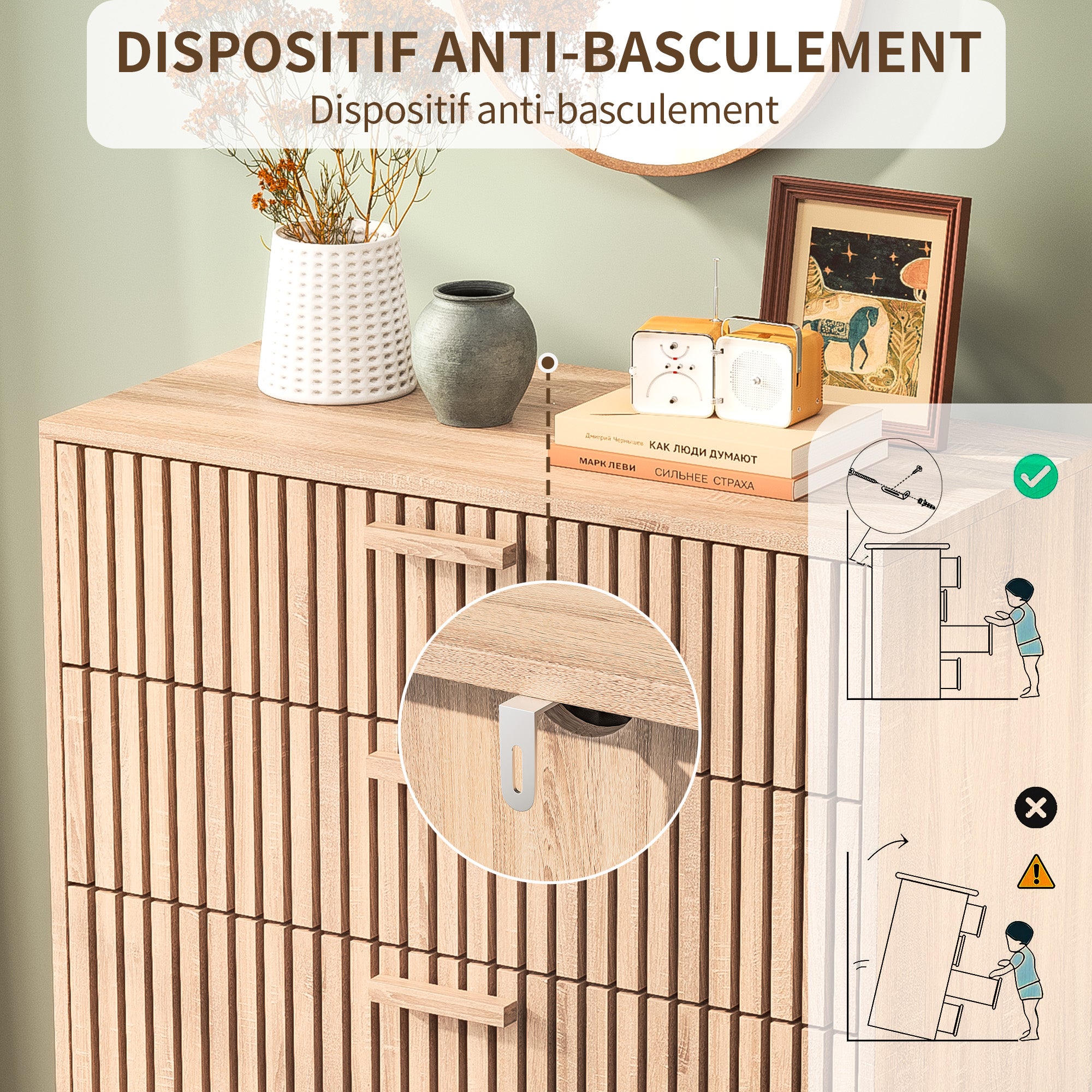 Cassettiera 6 cassetti 115 cm Colore legno naturale, 100 x 34 x 73 cm - 5