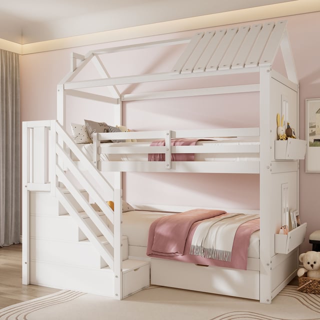 Letto a castello per bambini 90x200 cm - con scala portaoggetti + 2 cassetti + ripiani - in legno di pino e MDF - Bianco