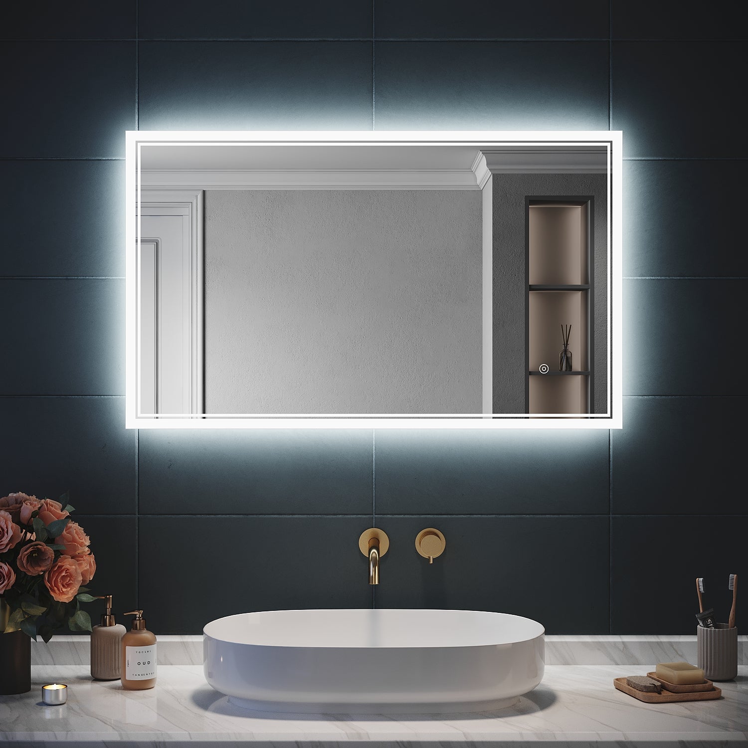 Sirhona espejo de baño led con iluminación, espejo de baño iluminado antivaho, 100x60cm