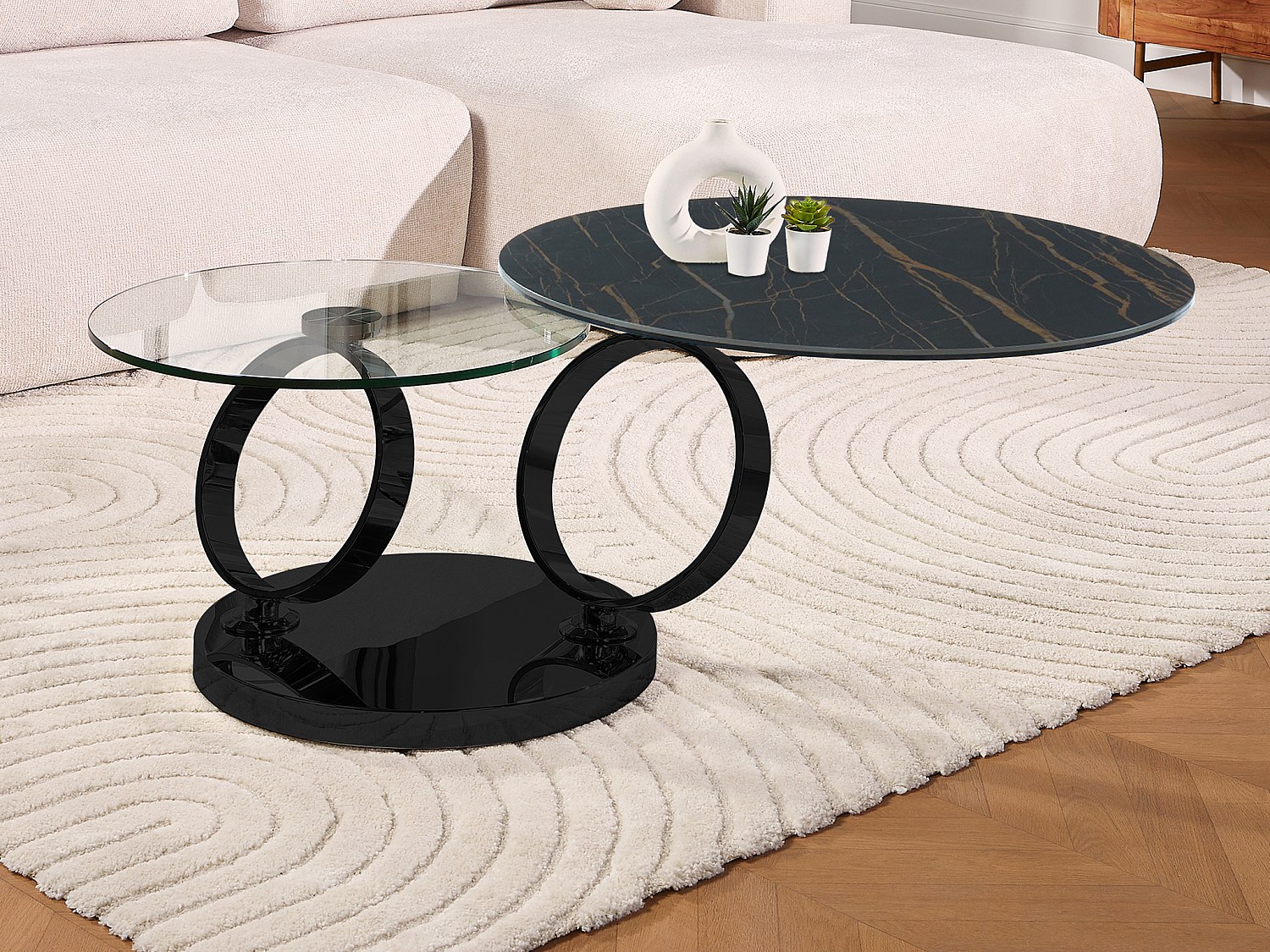 Ława JOLINE z obrotowym blatem – ceramika o wyglądzie marmuru i szkło hartowane – kolor czarny