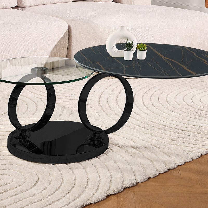 Ława JOLINE z obrotowym blatem – ceramika o wyglądzie marmuru i szkło hartowane – kolor czarny