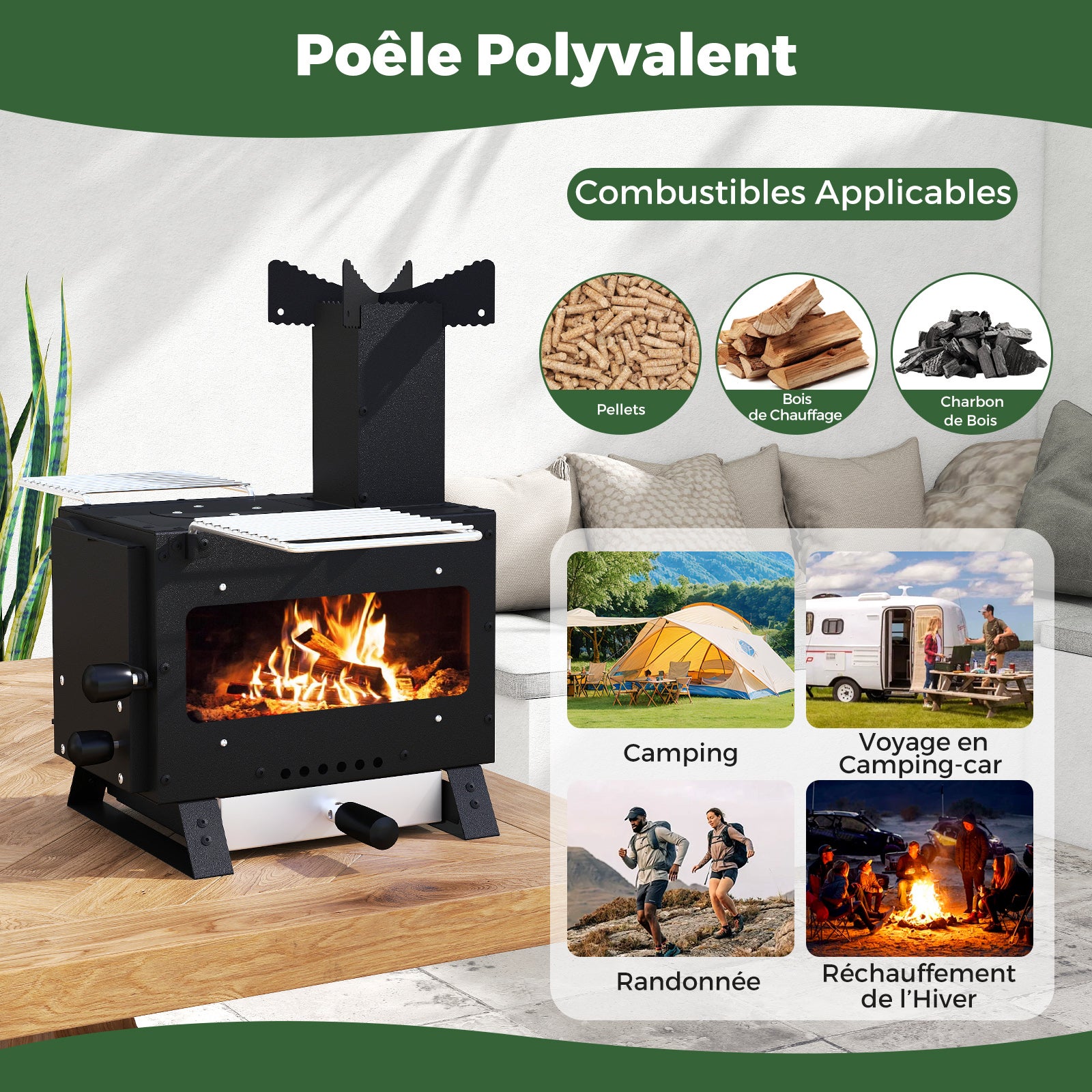 Mini Poêle à Bois Portable avec 2 Grilles, Mini-brûleur Réchaud à Bois avec Vitre pour Camping, Pique-nique, Pêche et Barbecue, 54 x 36 x 44 cm - 7